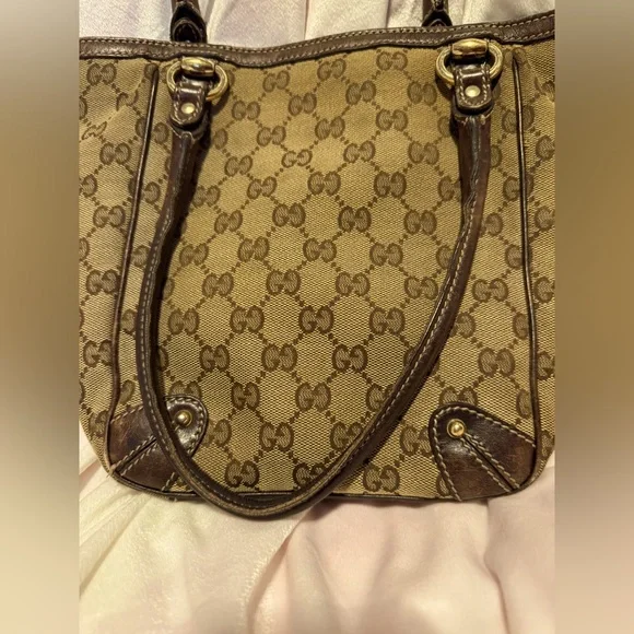 Gucci Tote GG Supreme Canvas Tote Vintage Small Monogram Brown Leather Trim COA - Picture 2 of 11